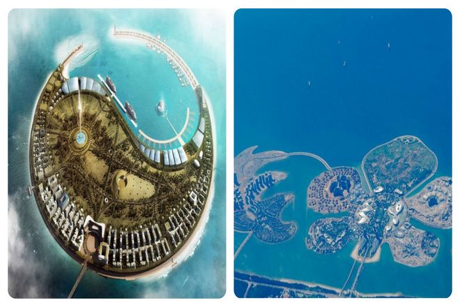 Ocean Flower похож на лотос, напичканный фантастической архитектурой. Pearl Island имеет форму символа Инь-Янь.