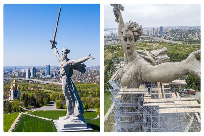 "Родина-мать" в Волгограде, Россия, является самой высокой статуей в Европе. И знаменует победу Советского Союза в Сталинградской битве во время Второй мировой войны. Монумент, высотой 91 метров изображает женщину, драматически воздевшую самый большой в мире меч.