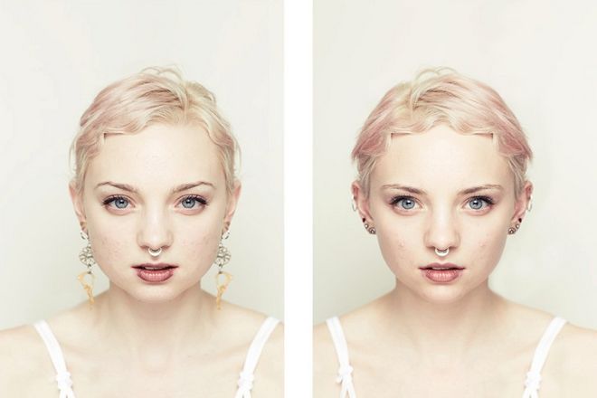фотографии показывают, как выглядело бы ее лицо, если бы оно было идеально симметричным в зависимости от ее левой или правой стороны.