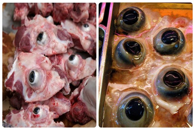 Глазные яблоки тунца - популярное лакомство в Японии. Хотя говорят, что они богаты омега-3 жирными кислотами, они представляют собой довольно кровавое зрелище!