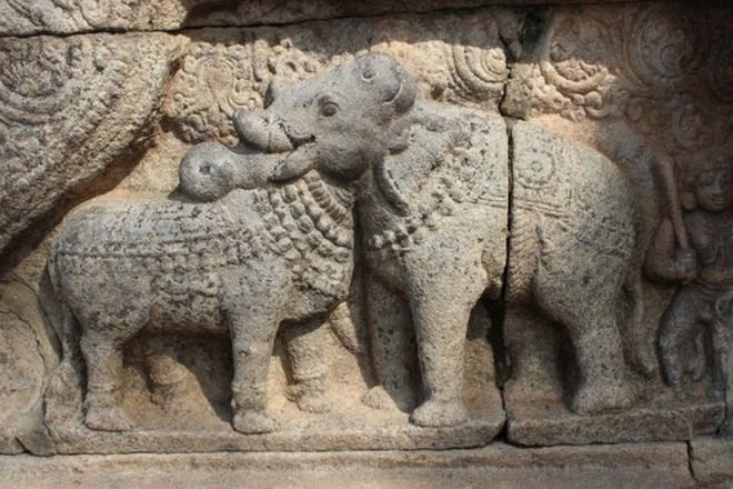 Барельефная скульптура может быть старейшей оптической иллюзией в мире. Это тоже основано на вопросе "Что вы увидели первым?". В 850-летнем храме Айраватесвара в Индии находится замечательное произведение искусства. Которое можно рассматривать как слона или быка, двусмысленную головоломку на века.