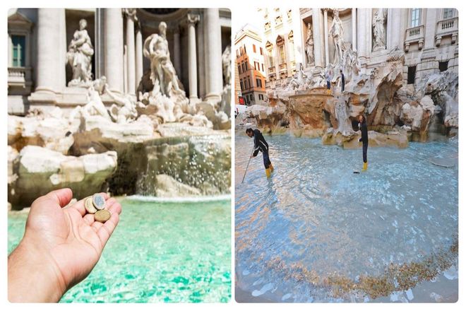 Многие туристы бросают монеты в фонтан, и очень много монет. По некоторым данным, примерно 3000 евро ежедневно попадают в Треви, и собираются каждую ночь.