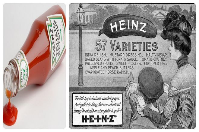 Вы увидите некоторые из перечисленных там разновидностей, но если вы посчитаете, вы увидите только десять. Так что же остальные 47? Ну, других 47 нет и никогда не было. Heinz производил более 60 различных продуктов (включая кетчуп, конечно!) К тому времени, когда лозунг 57 появился на бутылке в 1896 году.
