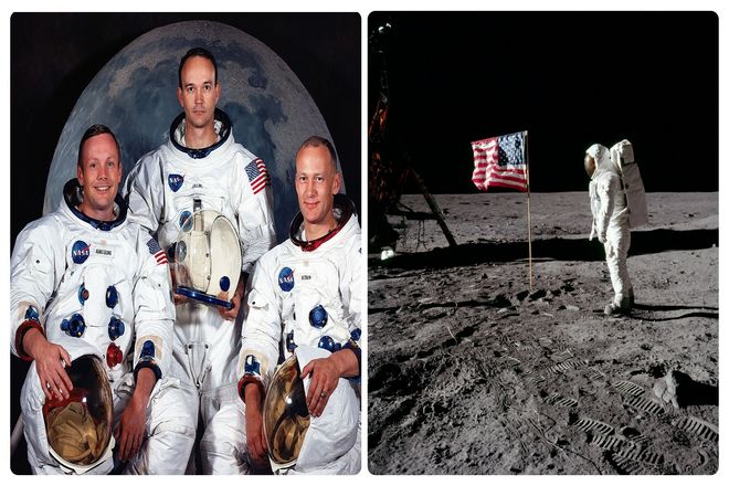 На борту находились командир Нил Армстронг; пилот лунного модуля Базз Олдрин; и пилот орбитального модуля Майкл Коллинз.