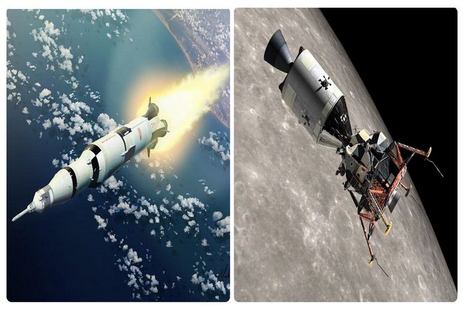Корабль был запущен в космос с помощью ракеты "Сатурн-5". Предназначенной для разрушения по мере того, как каждая из серий ракетных ступеней вырабатывалась и отделялась от основного корабля.