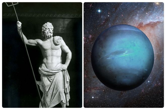 Неправильно, Нептун - римский бог моря. Хотя Галилей записал Нептун как звезду, мы не выясили, что это планета, до 1840-х годов. Название Нептун было принято в конце 1846 года из-за его синего цвета.