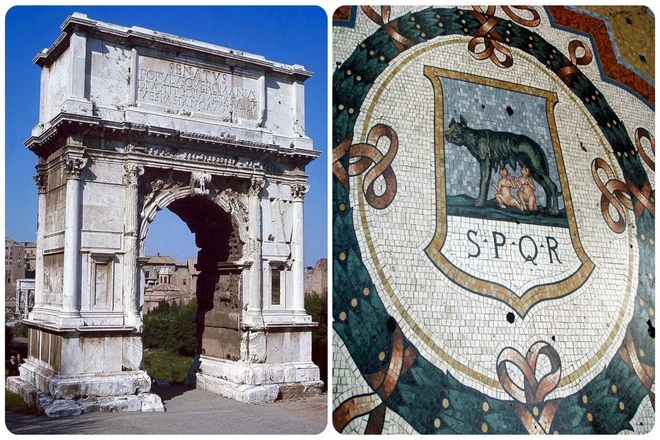 Четыре буквы на латыни означают "Senatus Populus Que Romanus". Некоторые могут сказать, что это означает "Сенат и народ Рима", а другие, что это более формальный перевод "Римский сенат и народ".